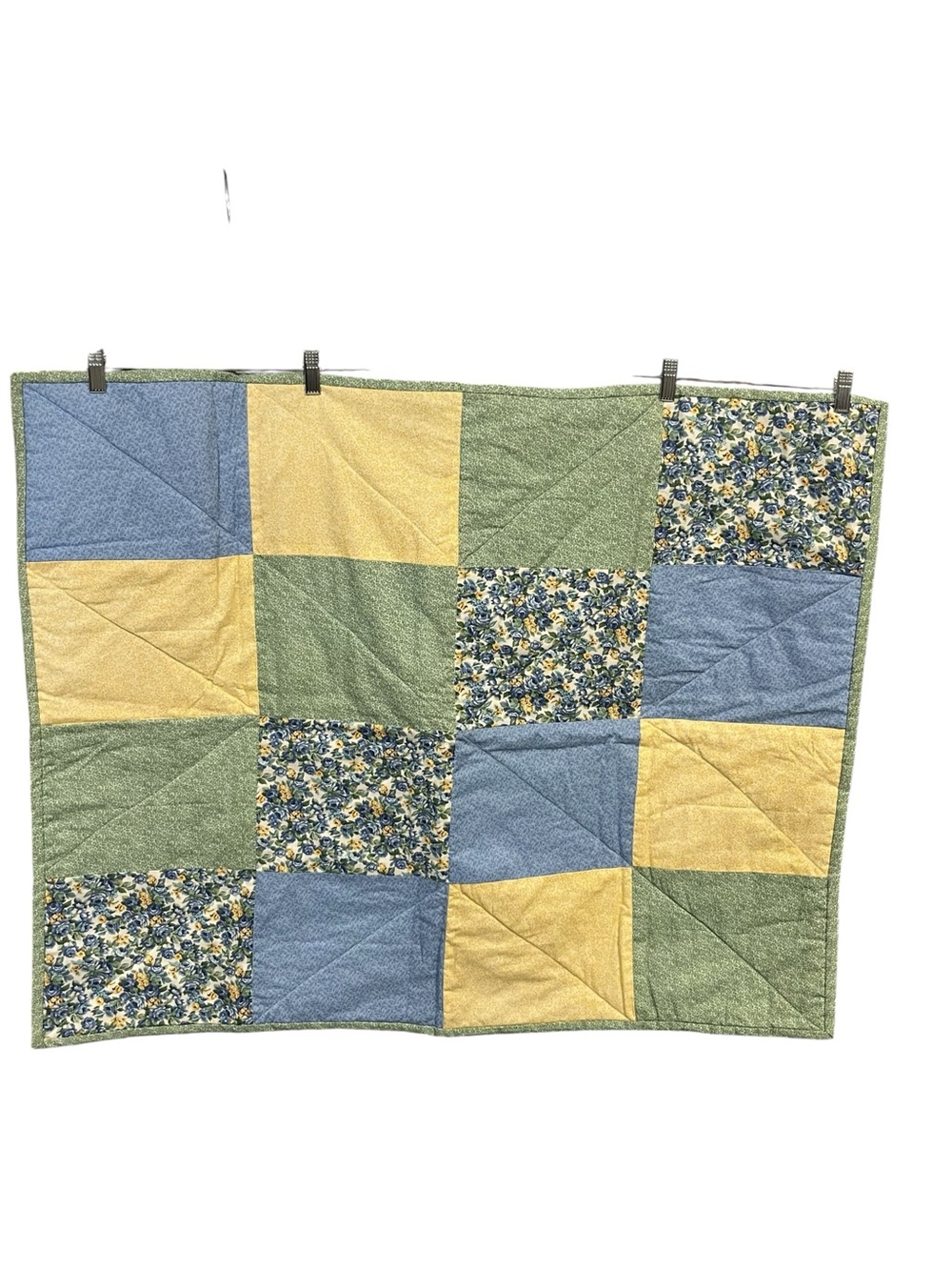 Handmade Patchwork Quilt 32x40 Blue Green Yellow Floral Cottagecore Lap